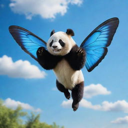 A realistic rendering of a panda-butterfly hybrid creature, captured mid-flight against the vibrant backdrop of a blue sky, with details that portray the grace and agility of flight.