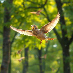 A sparrow with a golden beak happily flying back to the forest, its face radiating contentment and joy