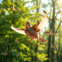 A sparrow with a golden beak happily flying back to the forest, its face radiating contentment and joy