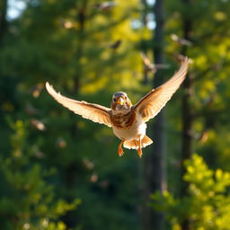 A sparrow with a golden beak happily flying back to the forest, its face radiating contentment and joy