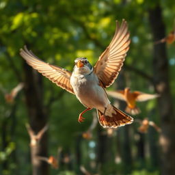 A sparrow with a golden beak happily flying back to the forest, its face radiating contentment and joy