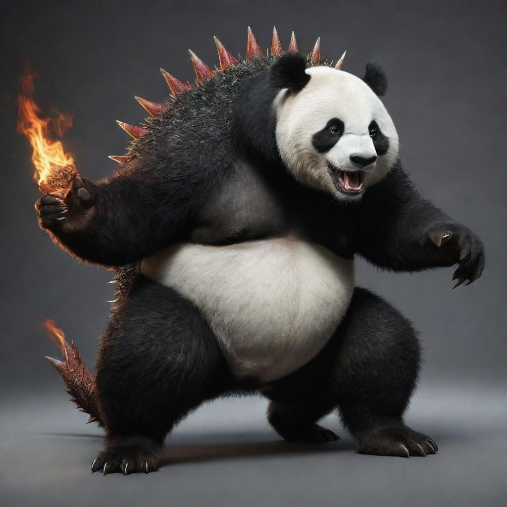 A detailed and lifelike picture of a creature that has the steady, corpulent body of a panda, combined with the spiky scales, sharp claws, and fiery breath of a dragon.