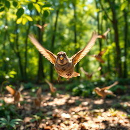 A sparrow with a golden beak is flying happily back to the green forest, showcasing a look of contentment and joy on its face