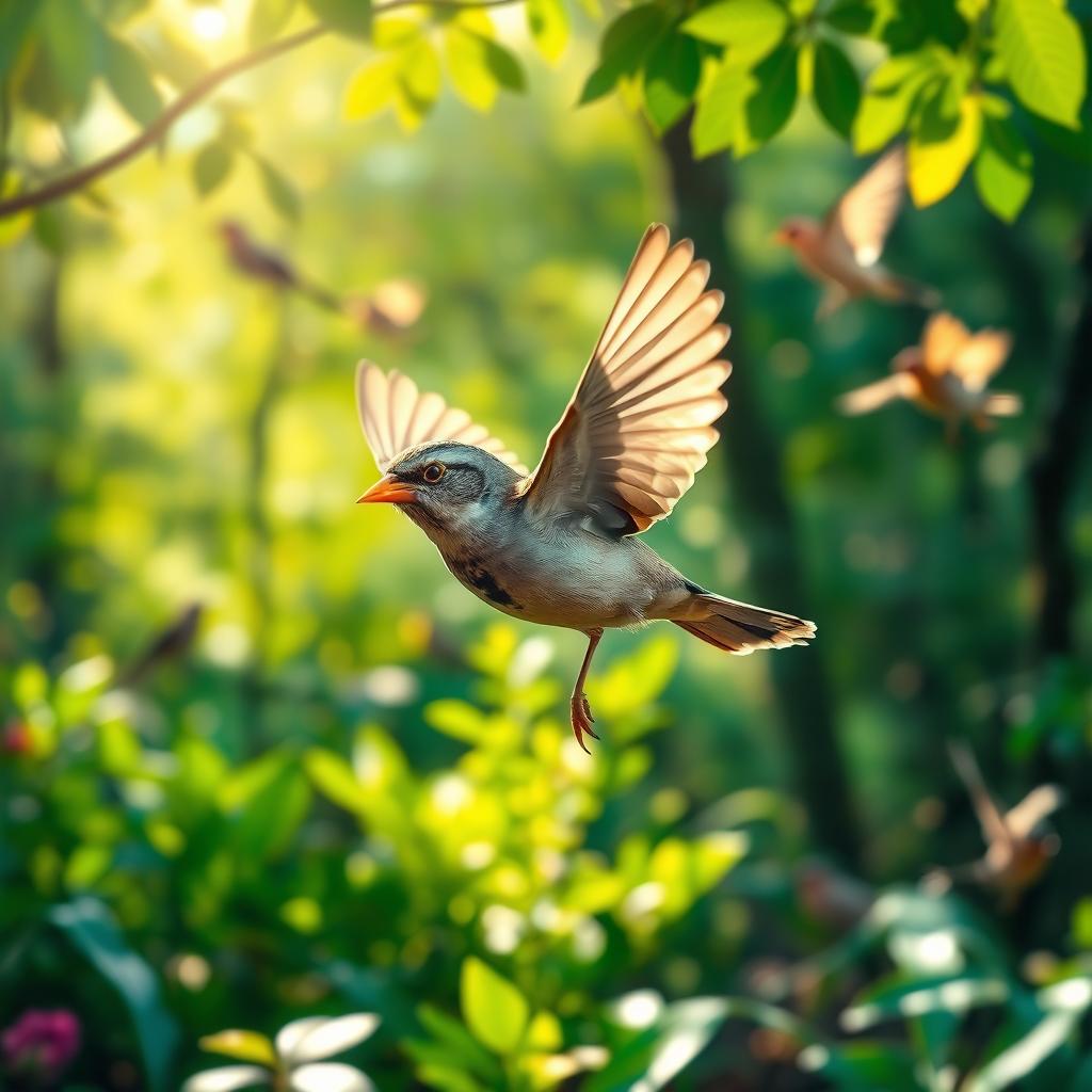 A sparrow with a golden beak is flying happily back to the green forest, showcasing a look of contentment and joy on its face