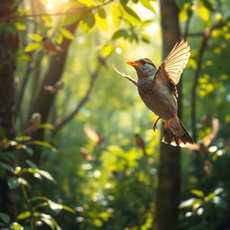 A sparrow with a golden beak is flying happily back to the green forest, showcasing a look of contentment and joy on its face