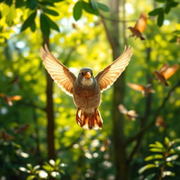 A sparrow with a golden beak is flying happily back to the green forest, showcasing a look of contentment and joy on its face