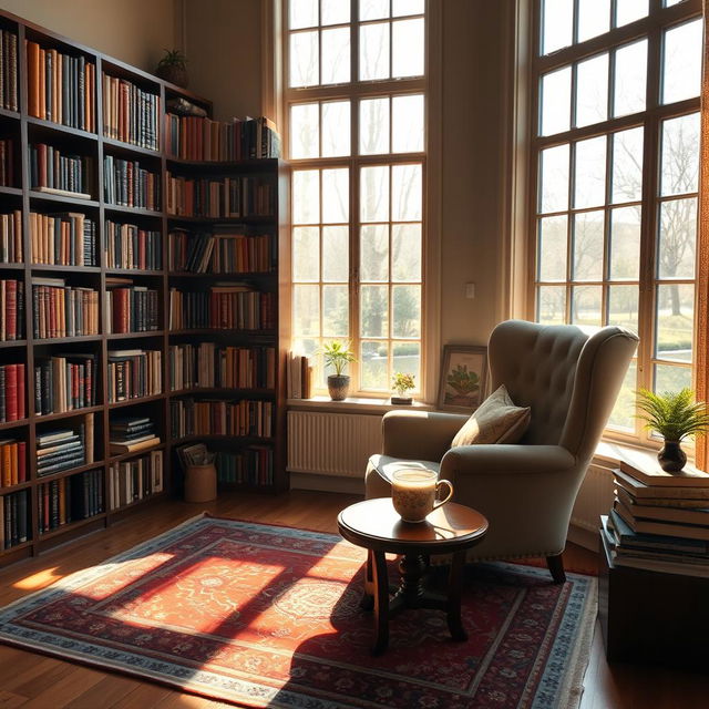 A cozy library filled with shelves of colorful books, sunlight streaming through large windows, casting warm light on a comfortable reading nook with a plush armchair and a small coffee table holding a steaming mug