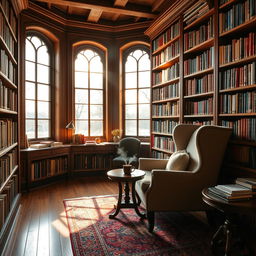 A cozy library filled with shelves of colorful books, sunlight streaming through large windows, casting warm light on a comfortable reading nook with a plush armchair and a small coffee table holding a steaming mug