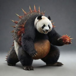 A detailed and lifelike picture of a creature that has the steady, corpulent body of a panda, combined with the spiky scales, sharp claws, and fiery breath of a dragon.