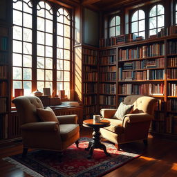 A cozy library filled with shelves of colorful books, sunlight streaming through large windows, casting warm light on a comfortable reading nook with a plush armchair and a small coffee table holding a steaming mug