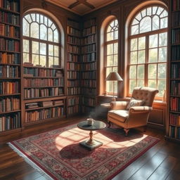 A cozy library filled with shelves of colorful books, sunlight streaming through large windows, casting warm light on a comfortable reading nook with a plush armchair and a small coffee table holding a steaming mug