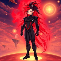 A dynamic illustration of Echalott in her Super Saiyan God form, standing tall and composed, her athletic and muscular physique exuding divine power