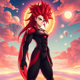 A dynamic illustration of Echalott in her Super Saiyan God form, standing tall and composed, her athletic and muscular physique exuding divine power