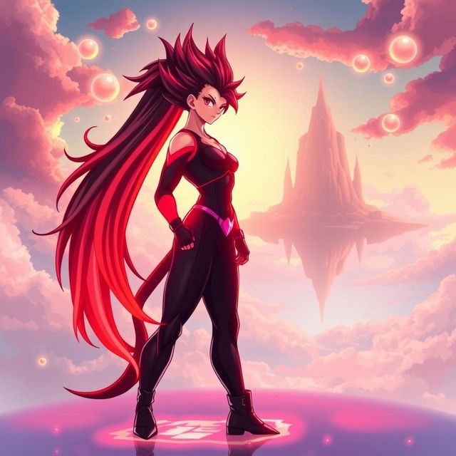 A dynamic illustration of Echalott in her Super Saiyan God form, standing tall and composed, her athletic and muscular physique exuding divine power