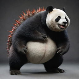 A detailed and lifelike picture of a creature that has the steady, corpulent body of a panda, combined with the spiky scales, sharp claws, and fiery breath of a dragon.