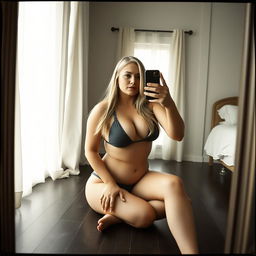 a black and white analogue photo of a curvy 40-year-old woman with long straight blonde hair and brown eyes, fair complexion and full lips, taking a mirror selfie in her bedroom