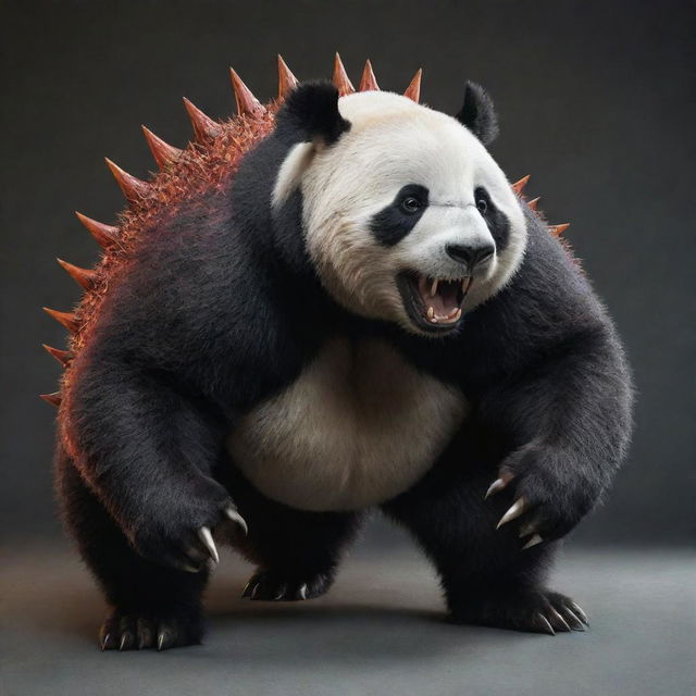 A detailed and lifelike picture of a creature that has the steady, corpulent body of a panda, combined with the spiky scales, sharp claws, and fiery breath of a dragon.