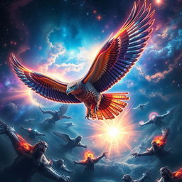 A majestic astral hawk soaring through the cosmos, with a guardian's aura, vibrant celestial colors and cosmic energy emanating from its wings