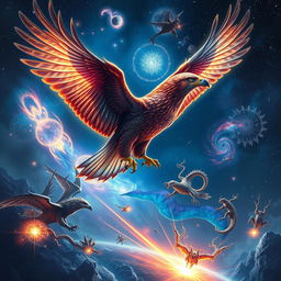 A majestic astral hawk soaring through the cosmos, with a guardian's aura, vibrant celestial colors and cosmic energy emanating from its wings