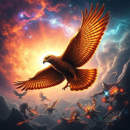 A majestic astral hawk soaring through the cosmos, with a guardian's aura, vibrant celestial colors and cosmic energy emanating from its wings