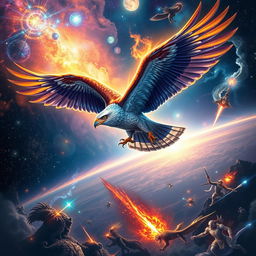 A majestic astral hawk soaring through the cosmos, with a guardian's aura, vibrant celestial colors and cosmic energy emanating from its wings