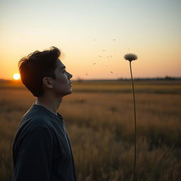 A side profile of a person standing in an open field, gazing thoughtfully at a lion's paw plant being scattered by the wind