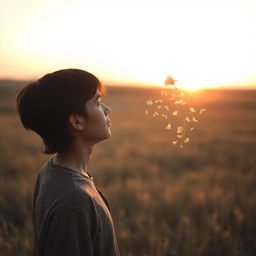 A side profile of a person standing in an open field, gazing thoughtfully at a lion's paw plant being scattered by the wind