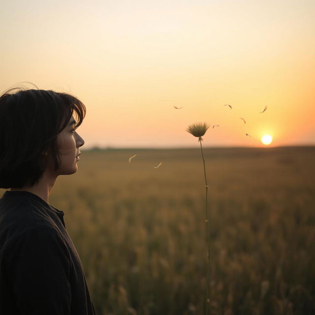 A side profile of a person standing in an open field, gazing thoughtfully at a lion's paw plant being scattered by the wind