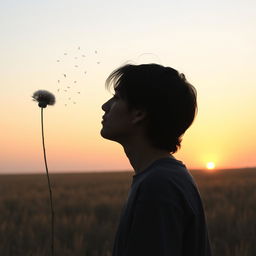 A side profile of a person standing in an open field, gazing thoughtfully at a lion's paw plant being scattered by the wind