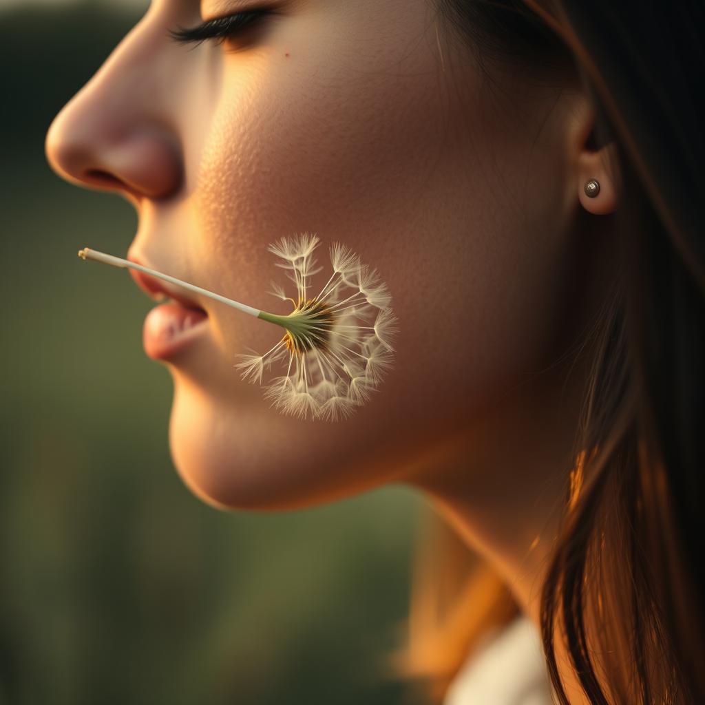 A close-up of a woman's face in profile, her expression a mix of thoughtfulness and abandonment as she looks at a dandelion being carried away by the breeze