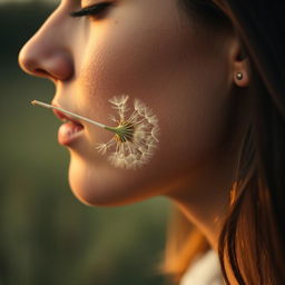 A close-up of a woman's face in profile, her expression a mix of thoughtfulness and abandonment as she looks at a dandelion being carried away by the breeze