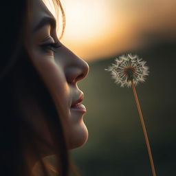 A close-up of a woman's face in profile, her expression a mix of thoughtfulness and abandonment as she looks at a dandelion being carried away by the breeze