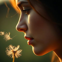 A close-up of a woman's face in profile, her expression a mix of thoughtfulness and abandonment as she looks at a dandelion being carried away by the breeze