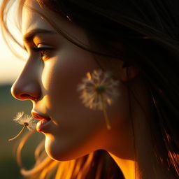 A close-up of a woman's face in profile, her expression a mix of thoughtfulness and abandonment as she looks at a dandelion being carried away by the breeze