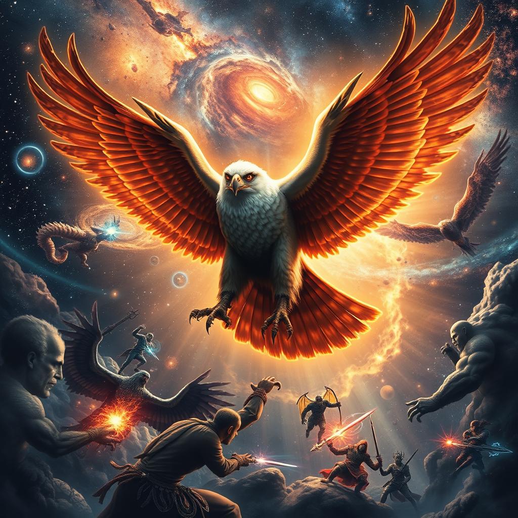 A powerful astral hawk ascending through the stars, representing a celestial guardian with glowing cosmic energy