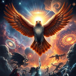 A powerful astral hawk ascending through the stars, representing a celestial guardian with glowing cosmic energy