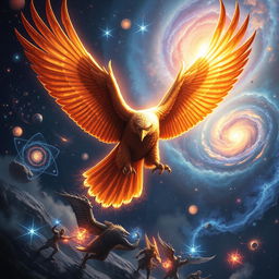 A powerful astral hawk ascending through the stars, representing a celestial guardian with glowing cosmic energy