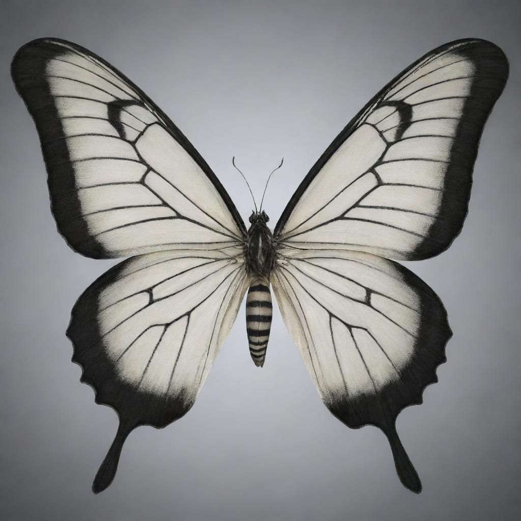 A visually accurate portrayal of the panda-butterfly creature with a large butterfly's wings, showing the intricate wing patterns and delicate veining