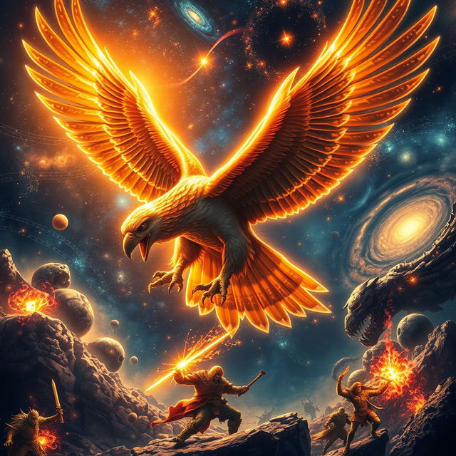 A powerful astral hawk ascending through the stars, representing a celestial guardian with glowing cosmic energy