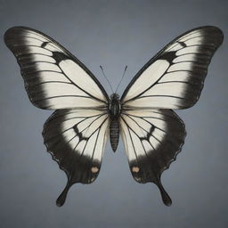 A visually accurate portrayal of the panda-butterfly creature with a large butterfly's wings, showing the intricate wing patterns and delicate veining