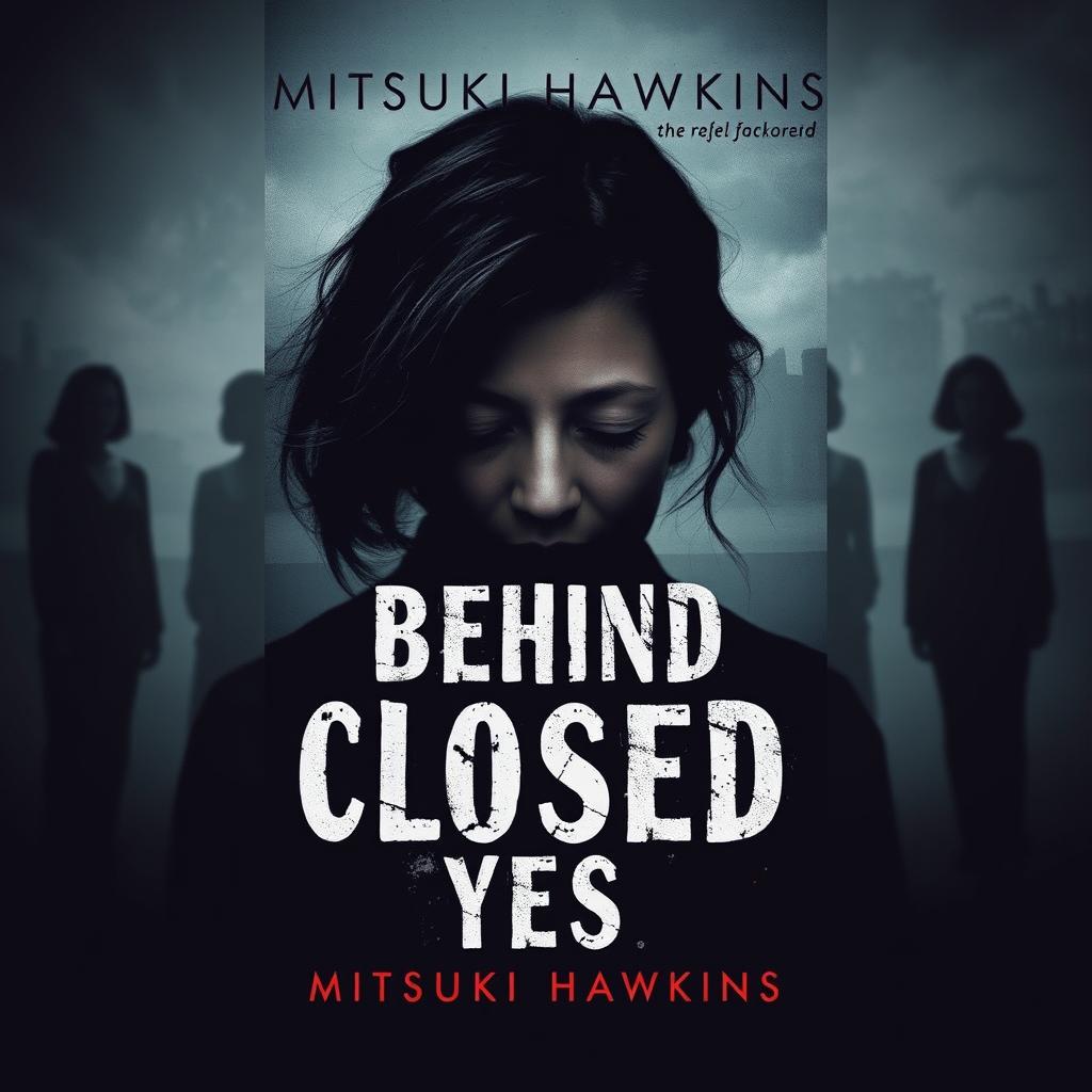 A somber and evocative book cover for the novel "Behind Closed Eyes" by Mitsuki Hawkins