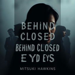 A somber and evocative book cover for the novel "Behind Closed Eyes" by Mitsuki Hawkins