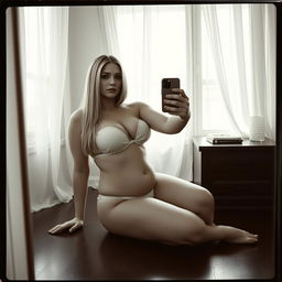 a black and white analogue photo of a curvy 40-year-old woman with long straight blonde hair and brown eyes, fair complexion and full lips, taking a mirror selfie with an android phone in her bedroom