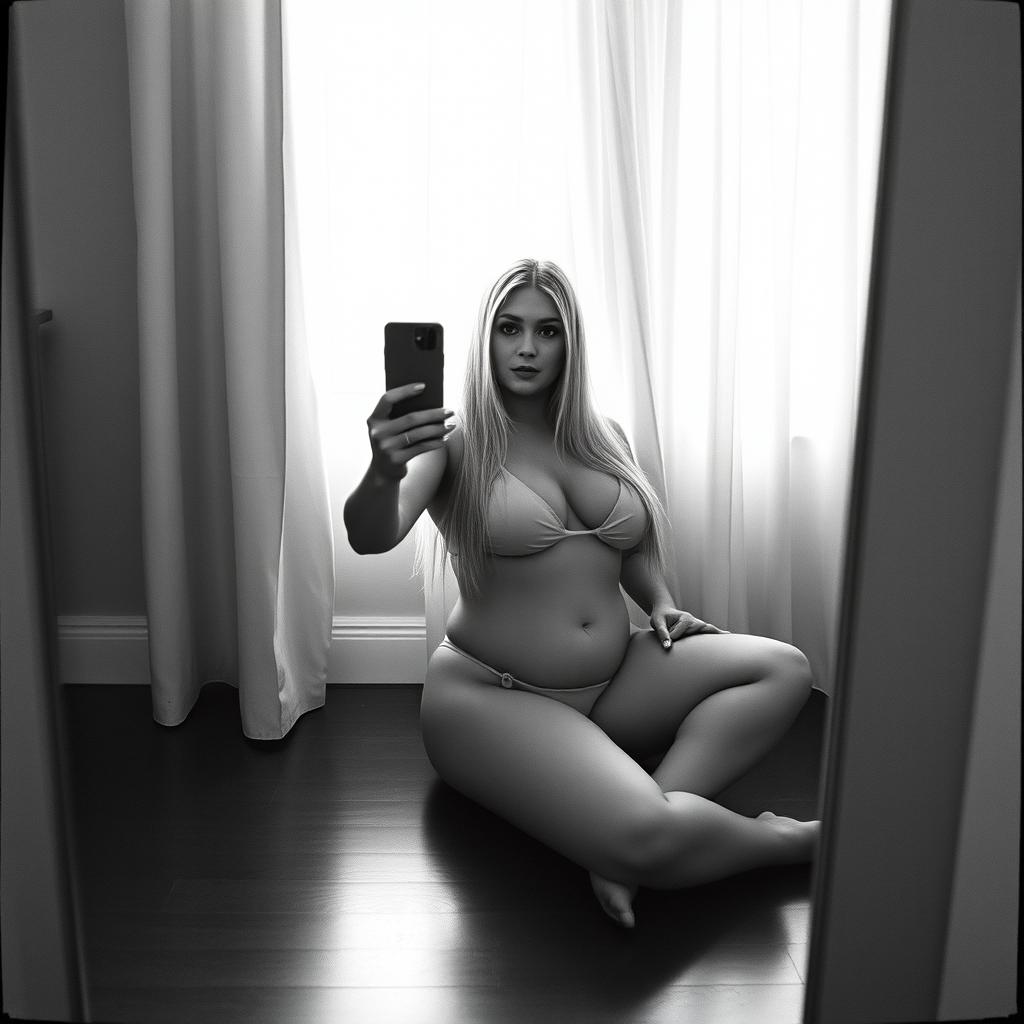 a black and white analogue photo of a curvy 40-year-old woman with long straight blonde hair and brown eyes, fair complexion and full lips, taking a mirror selfie with an android phone in her bedroom