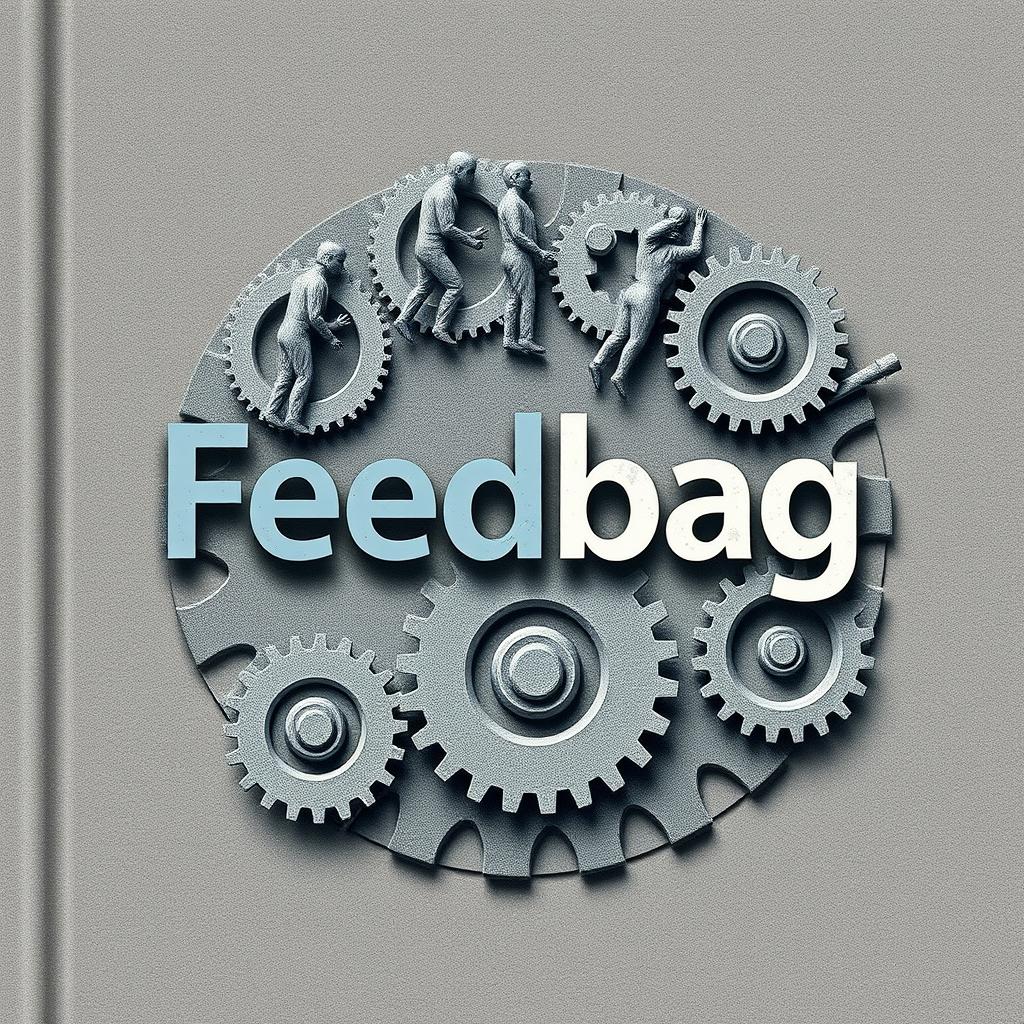 A book cover for the title "Feedbag", illustrating workers as cogs in the business cycle