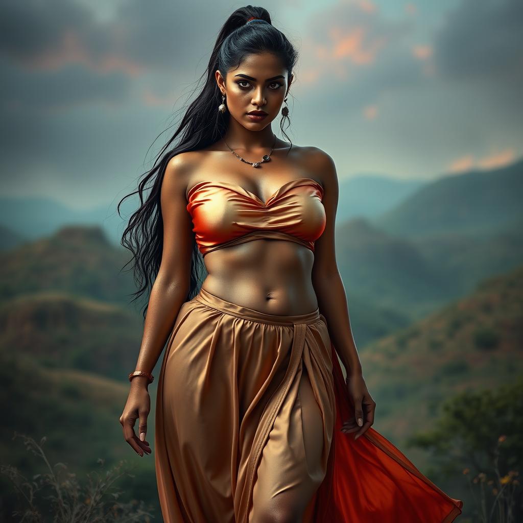 an Indian fantasy woman with a curvy figure, wearing a crop silky satin blouse and a falling heavy rounded skirt, with shiny eyes and a long ponytail, appearing wet and alluring, set in a mystical landscape, vibrant colors, dramatic lighting, seductive pose, full body frame view