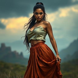 an Indian fantasy woman with a curvy figure, wearing a crop silky satin blouse and a falling heavy rounded skirt, with shiny eyes and a long ponytail, appearing wet and alluring, set in a mystical landscape, vibrant colors, dramatic lighting, seductive pose, full body frame view