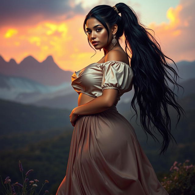 an Indian fantasy woman with a curvy figure, wearing a crop silky satin blouse and a falling heavy rounded skirt, with shiny eyes and a long ponytail, appearing wet and alluring, set in a mystical landscape, vibrant colors, dramatic lighting, seductive pose, full body frame view