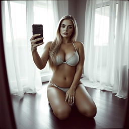 a black and white analogue photo of a curvy 40-year-old woman with long straight blonde hair and brown eyes, fair complexion and full lips, taking a mirror selfie with an android phone in her bedroom