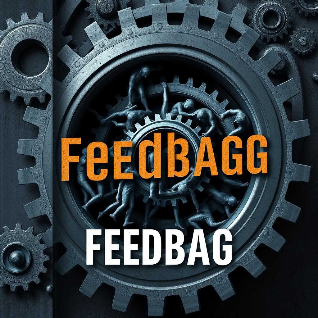 A book cover for the title "Feedbag", depicting people being consumed by cogs in the business cycle